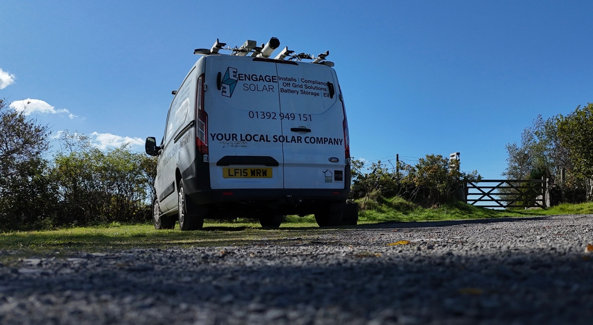 Engage Solar branded installation van parked on site in Devon, ready for a solar project