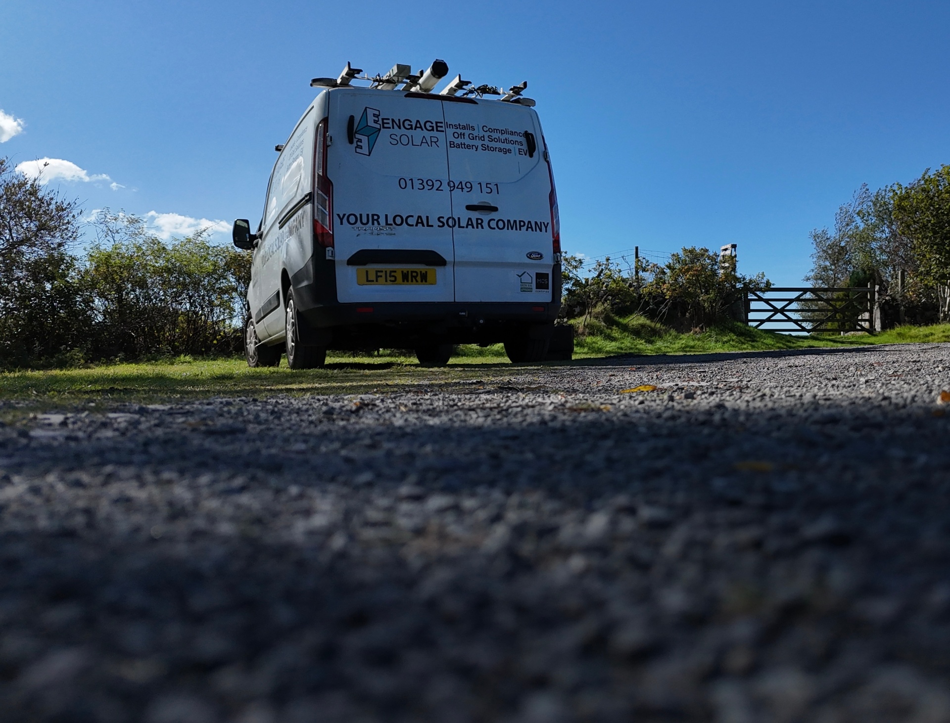 Engage Solar installation van arriving on site in Devon for a solar project