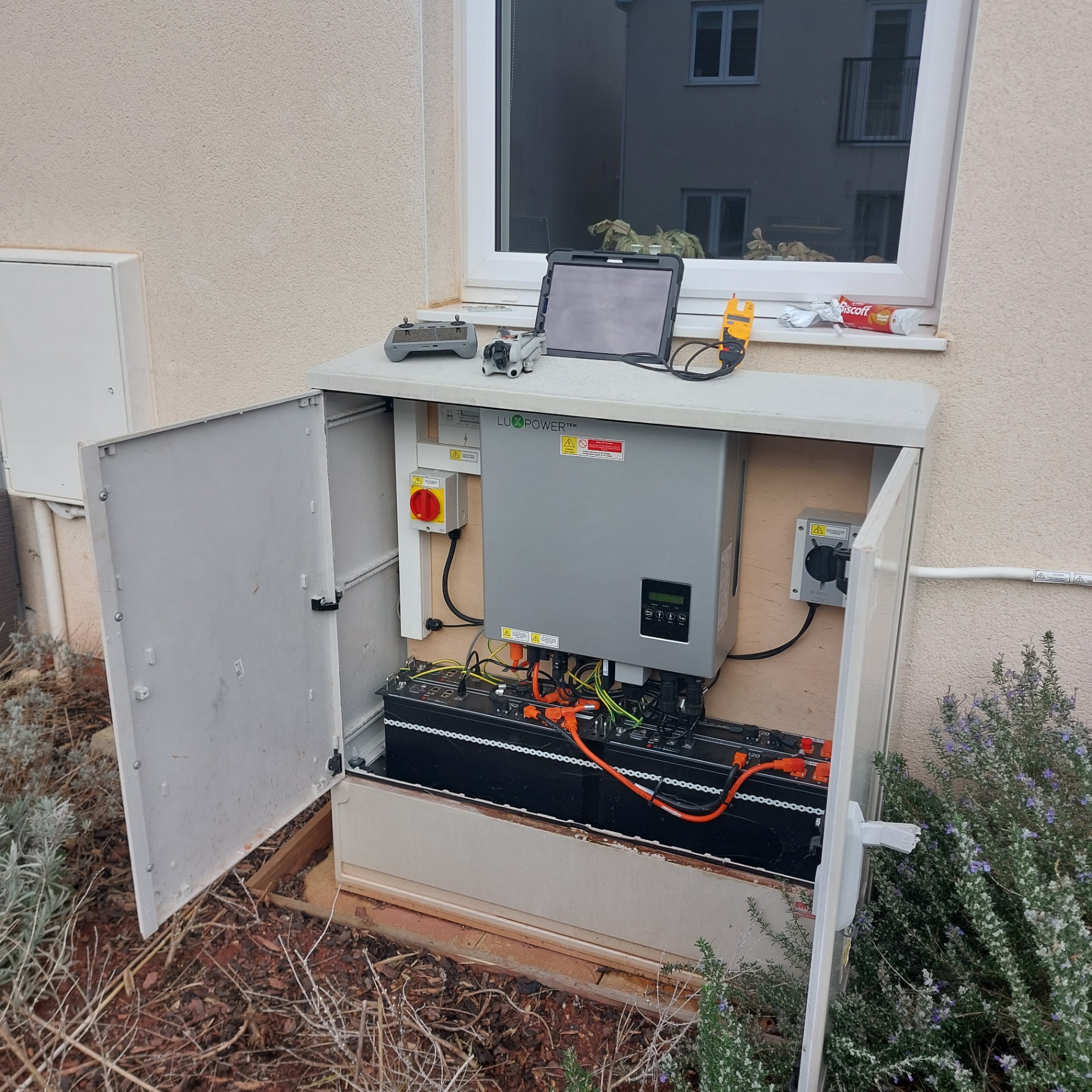 Battery storage cabinet opened during solar fault finding and repair work in Devon
