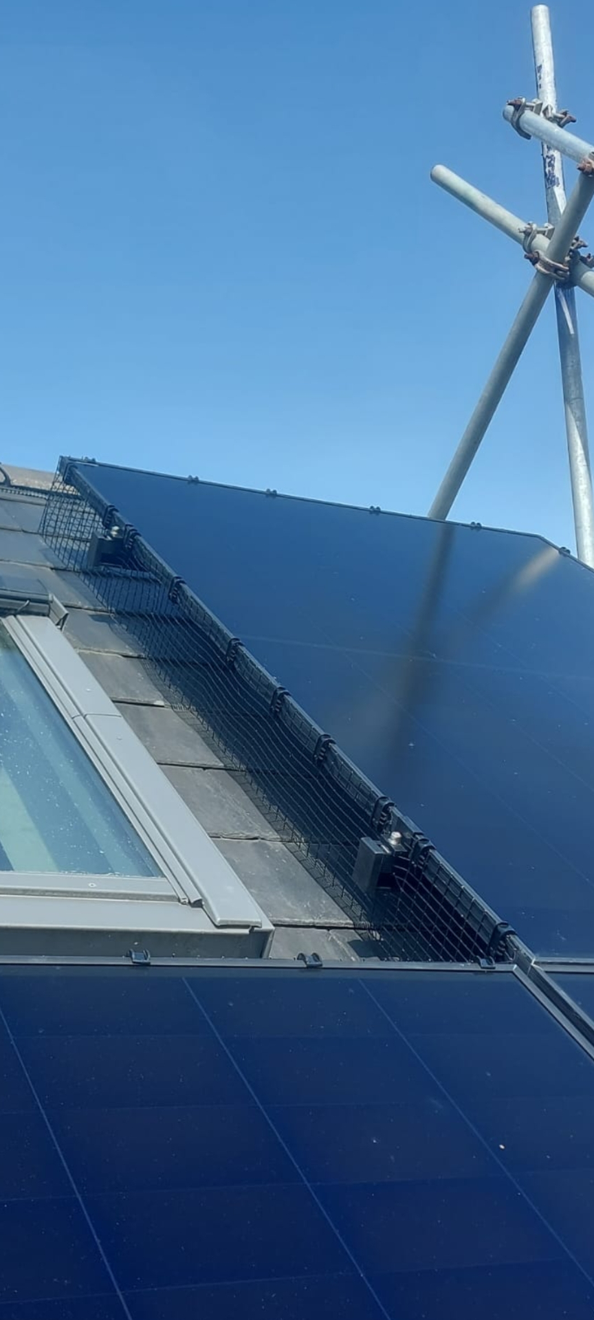 Bird proofing mesh fitted around rooftop solar panels by Engage Solar in Devon