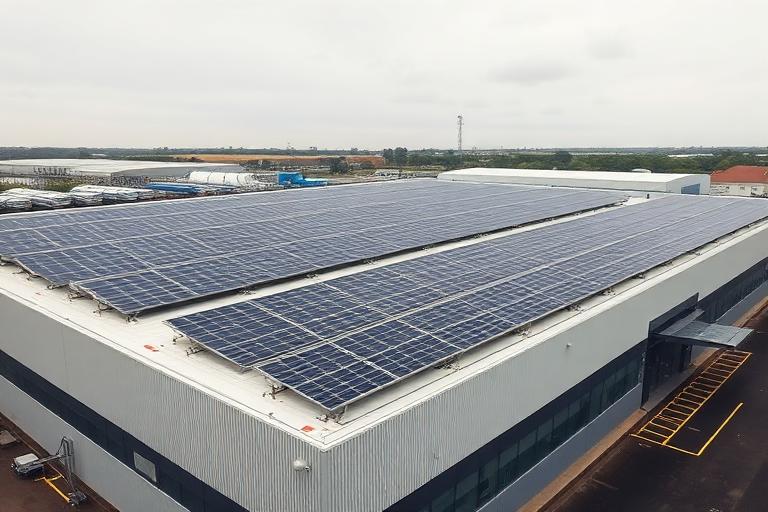 Commercial solar panels installed on industrial building rooftop