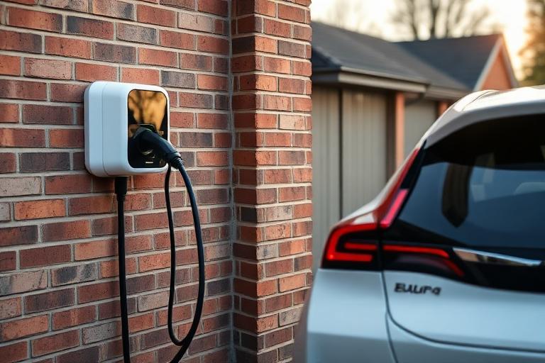 7kW EV charger installed on brick wall beside residential driveway