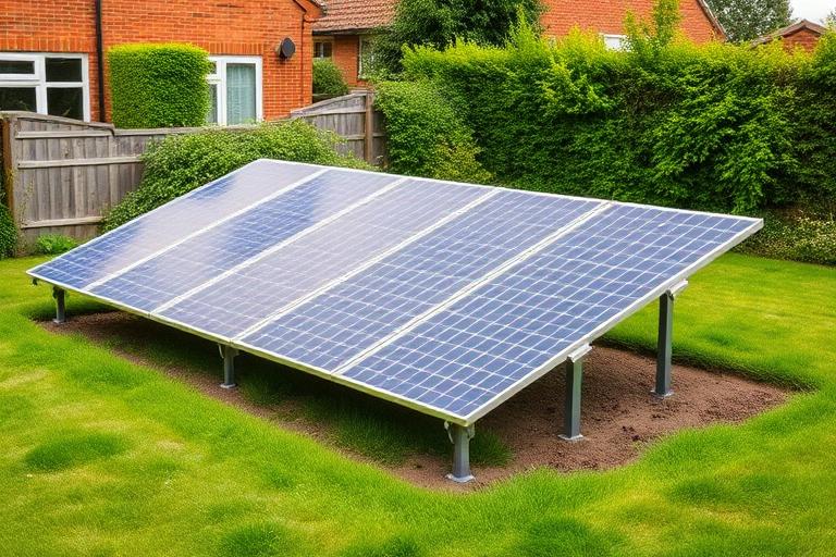 Ground mounted solar panel array in green English countryside